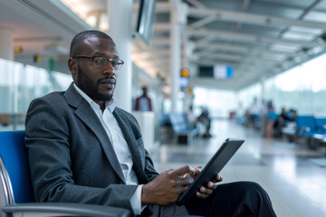 A man sitting in an airport waiting for his flight using a tablet