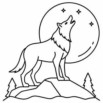 recommend clip art: howling wolf on top of mountain, vector illustration line art