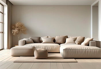 Minimalist modern living room background, scandinavian style, 3d rendering, empty white wall with blank white frame,