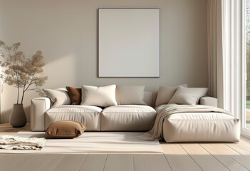Minimalist modern living room background, scandinavian style, 3d rendering, empty white wall with blank white frame,