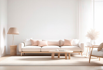 Minimalist modern living room background, scandinavian style, 3d rendering, empty white wall with blank white frame,