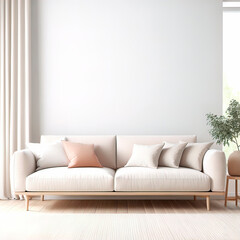 Minimalist modern living room background, scandinavian style, 3d rendering, empty white wall with blank white frame,
