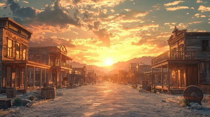 An old western town at sunset with dusty streets and vintage buildings