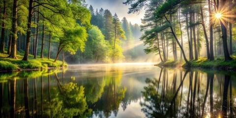 Obraz premium Serene misty forest landscape with towering trees, soft sunlight filtering through foliage, and a tranquil lake reflecting the peaceful atmosphere.