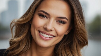 Naklejka premium 明るく美しい笑顔を浮かべる女性が示す、リラックスした雰囲気と自然体の魅力
