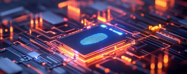 Obraz premium Digital passport control, glowing fingerprint scanner, futuristic border check