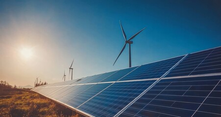 Solar panels and wind turbines on a sunny day in a green field