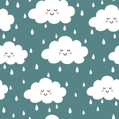 Seamless pattern with clouds and rain. Kids background with cute clouds and raindrops. Vector illustration. It can be used for wallpapers, wrappers, cards, patterns for clothes and others.