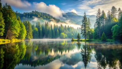 Serenity-filled forest landscape with a tranquil lake, majestic trees, and a misty fog rolling in, creating a peaceful atmosphere for outdoor adventure and relaxation.