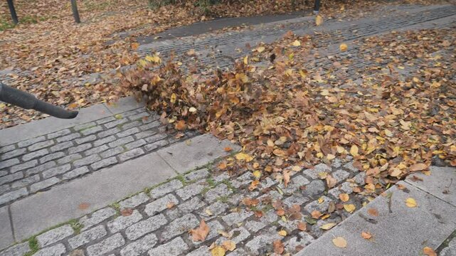 A worker cleaning street with electric leaf blower.
