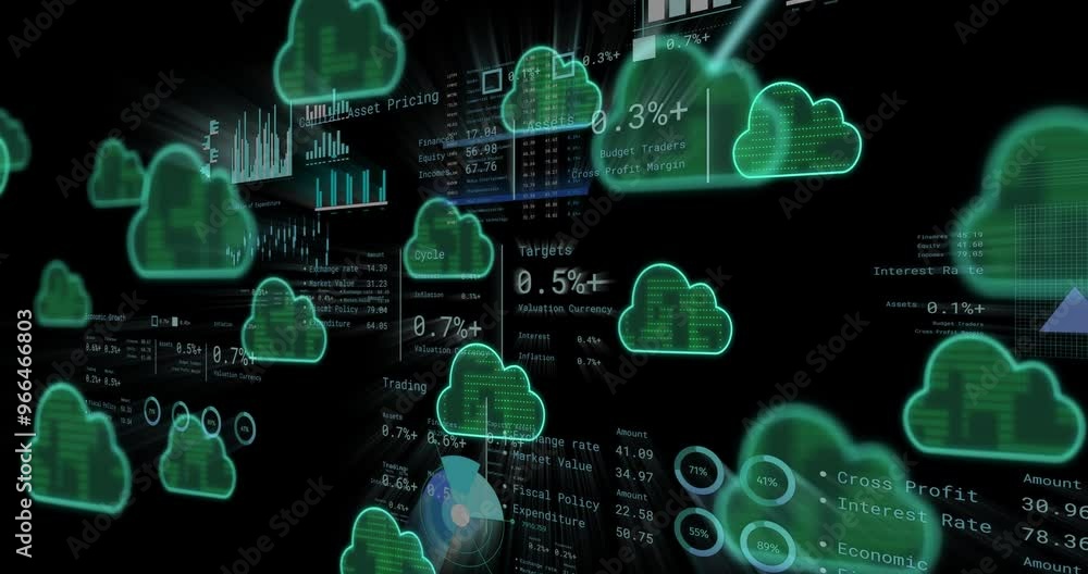 Poster animation of digital clouds over data processing
