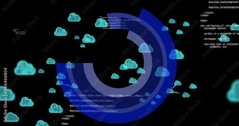 Poster animation of digital clouds over data processing