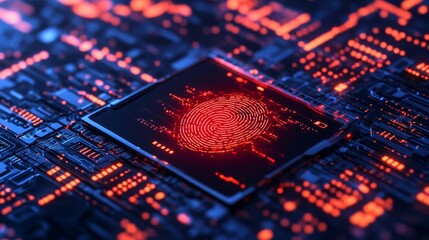 Fingerprint encryption, glowing data particles, advanced cybersecurity theme