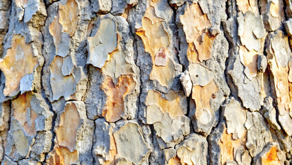 Obraz premium Textured tree bark surface, natural wood patterns, close-up forest background with copy space