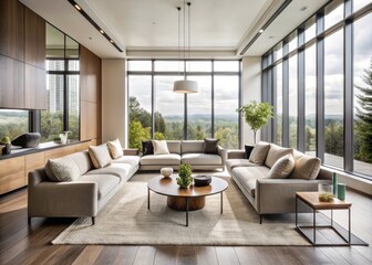 Sleek modern living room with neutral tones, floor-to-ceiling windows, and minimalist decor, perfect for a Canadian interior design publication's feature spread.