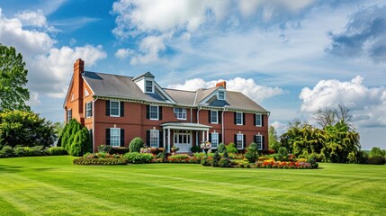 Obraz premium Luxury Home with Lush Greenery and a Blue Sky
