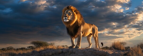 Majestic lion in the savannah at sunset, dramatic wildlife scene. Power and majesty of nature concept