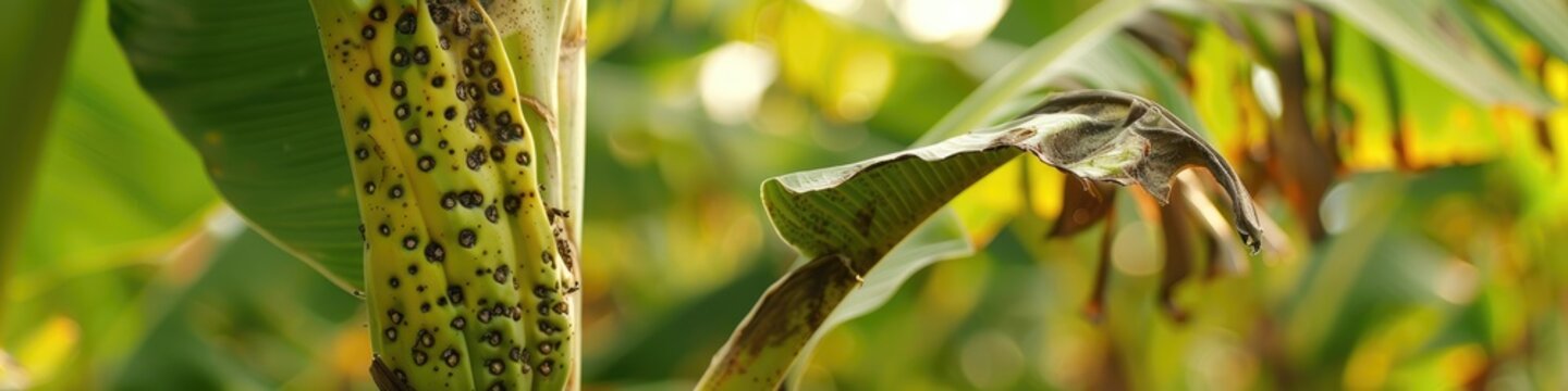 Banana plant impacted by Fusarium wilt disease caused by Tropical Race 4 fungus, featuring selective focus.