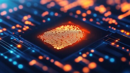 Holographic fingerprint registry, glowing digital database, secure access control