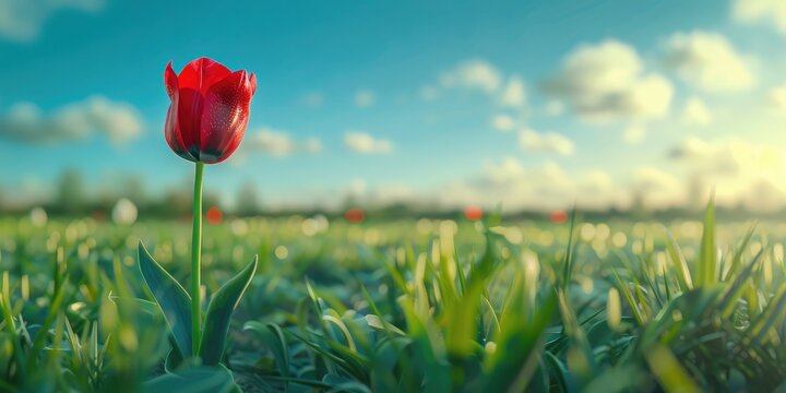 Red tulip in green meadow with blue sky in background