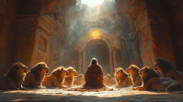 illuminated daniel kneeling in prayer fierce lions surrounding him in shadowy den divine light streaming from above ancient stone walls faithfilled atmosphere