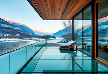 Fototapeta premium View of the patio terrace of a vacation home with a picturesque view of nature, forest, trees and mountains,