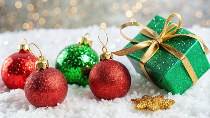 Sparkling Christmas decorations adorn a festive holiday gift, featuring shiny red and green tags with golden strings, against a soft, snowy white background.