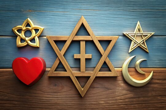 Spiritual Symbols Standing In Solidarity: Cross, Star Of David, Om, Peace Sign, And Heart