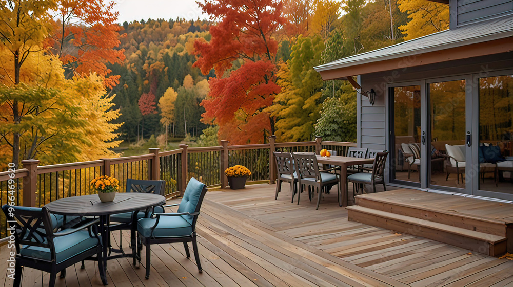 Wall mural view of the patio terrace of a vacation home with a picturesque view of nature, forest, trees and mo