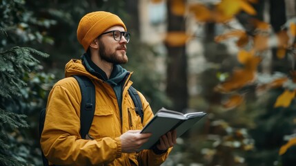 Young man reading a book while standing amidst autumn forest foliage