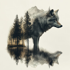 Wolf In The Woods - Double Exposure Of Nature And Wildlife
