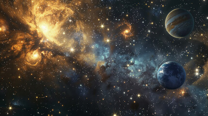 Cosmic elements: A starry sky or planets in a 3D-rendered format, creating the effect of 3D space.