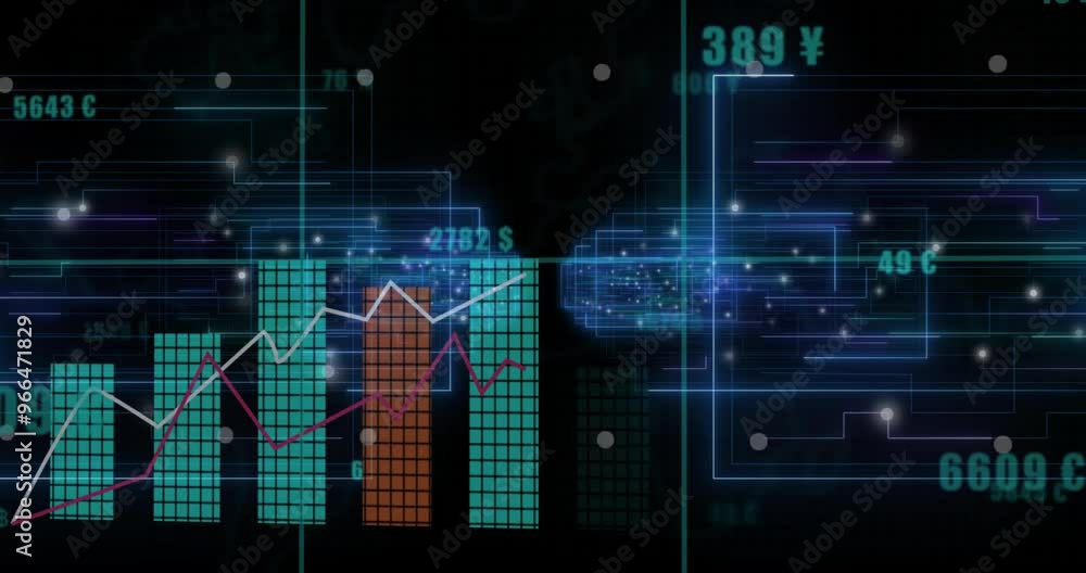 Poster animation of diagrams and light trails over data processing