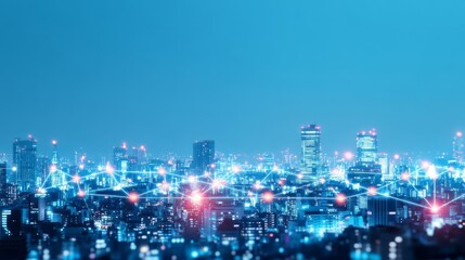 Obraz premium Cityscape at night with data connections visualized as glowing lines connecting buildings, smart city, urban data network