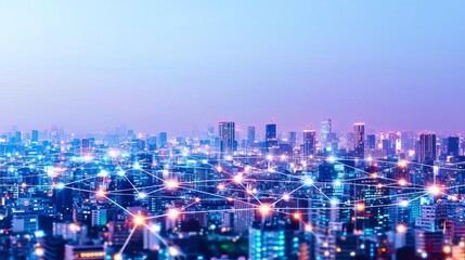 Obraz premium Cityscape at night with data connections visualized as glowing lines connecting buildings, smart city, urban data network