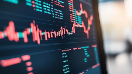Close-up of a computer screen with real-time stock market data and trading algorithms, financial data, market analysis