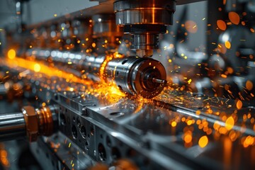 Close-up of a CNC machine cutting metal with sparks flying.