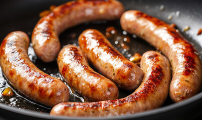 Sizzling chipolata sausages in a frying pan, high angle