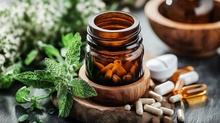 Naturopathy herbs, pills, tablets, vitamins