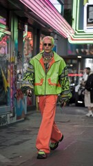Obraz premium Vibrant Street Fashion: Neon Green and Orange Ensemble