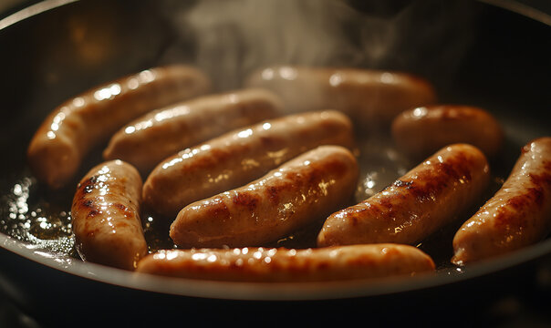 Sizzling chipolata sausages in a frying pan, high angle
