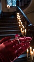 Obraz premium Elegant Red Gloves Showcase a Sparkling Ring