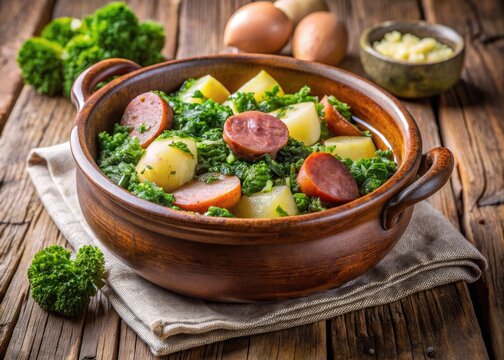 Traditional Dutch dish stampot, a hearty mash of boiled potatoes, kale, and sausage, served hot in a rustic ceramic bowl on a wooden table.