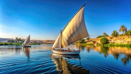 Traditional Triangular Sails Of A Felucca Boat Floating Serenely On Calm Blue Waters Against A Clear Sky