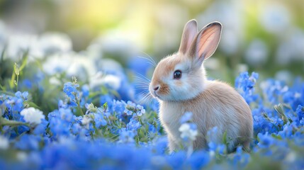 Fototapeta premium Rabbit sitting in blooming field