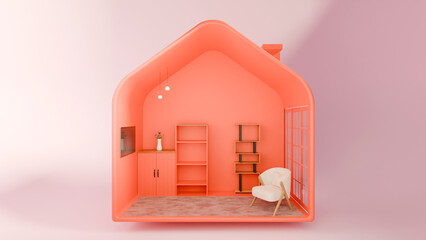 3D interior room house shape colorful home paint wall interior for paint brand. Sofa and modern interior lighting room.