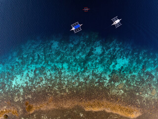 Topdown aerial photograph of the reef with bangka boats in Moalboal, Cebu, Philippines 