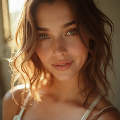 Naklejka premium closeup photo shoot of a beautiful young woman, sunlight, room