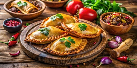 Vibrant and colorful empanadas, a traditional Latin American pastry, filled with spiced beef, onions, and herbs, arranged on a rustic wooden table, ready to be served.