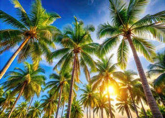 Obraz premium Vibrant areca palm trees sway gently in the breeze, their feathery fronds and slender trunks illuminated by warm golden light against a clear blue sky.